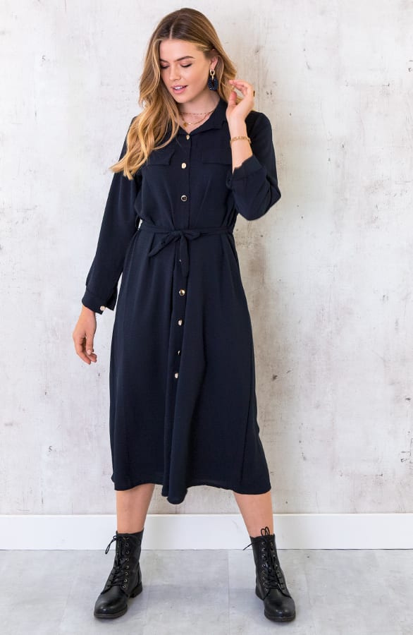 Knopen Jurk Lang Marineblauw – shoparchief, foto 3