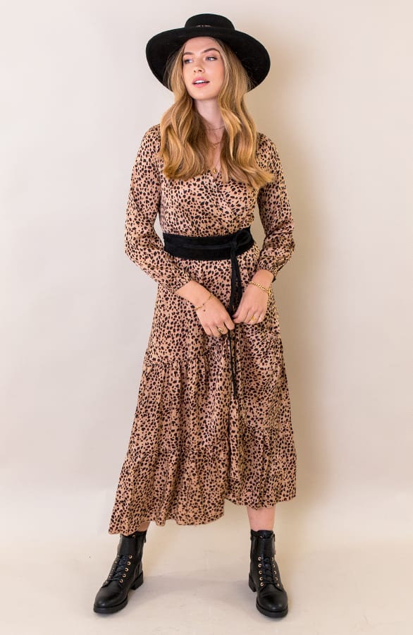 Lange Cheetah Silk Jurk Camel – shoparchief, foto 1