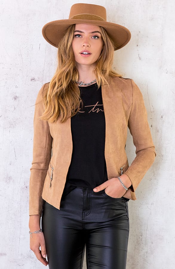 Suede Blazer Met Rits Taupe – shoparchief, foto 6