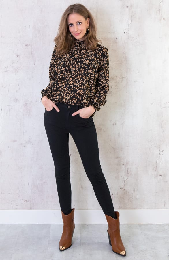 Colblouse Bloemen Zwart Camel – shoparchief, foto 3