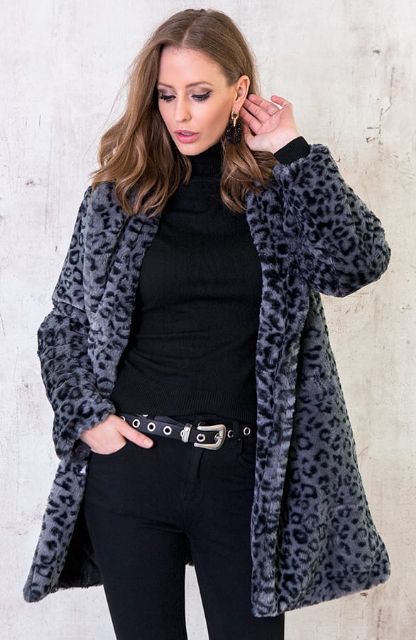 Faux Fur Jas Panterprint Grijs – shoparchief, foto 1