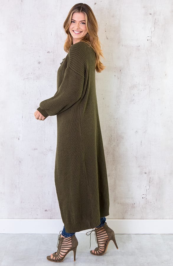 Gebreid Vest Lang Legergroen – shoparchief, foto 2
