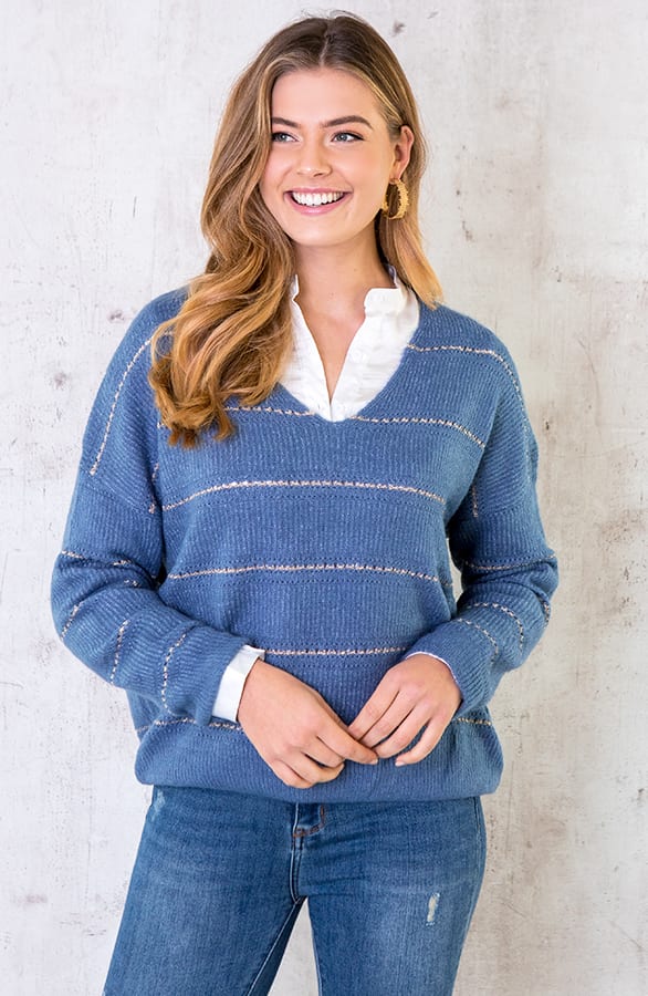 Gebreide V Trui Strepen Blauw – shoparchief, foto 2