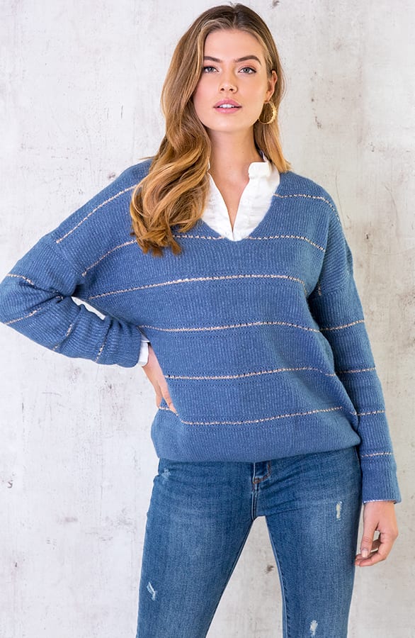 Gebreide V Trui Strepen Blauw – shoparchief, foto 1