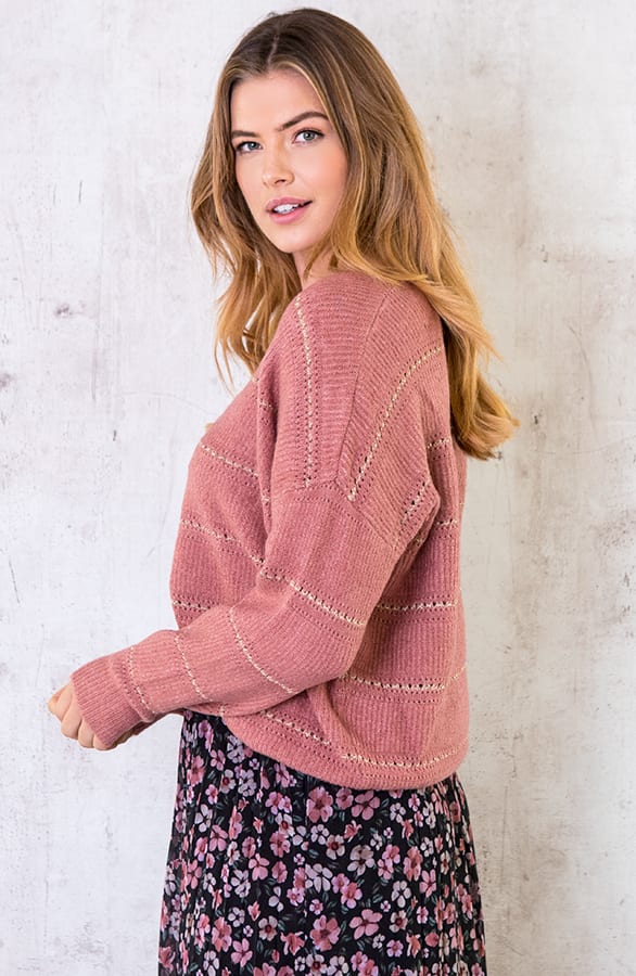 Gebreide V Trui Strepen Oud Roze – shoparchief, foto 5
