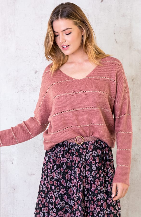 Gebreide V Trui Strepen Oud Roze – shoparchief, foto 2