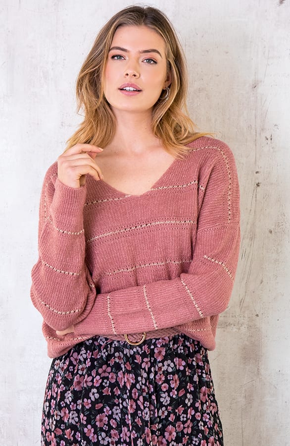 Gebreide V Trui Strepen Oud Roze – shoparchief, foto 1