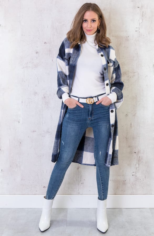 Fleece Jacket Lang Geblokt Blauw – shoparchief, foto 3