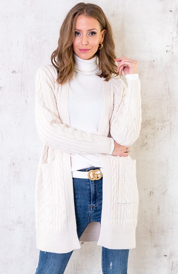 Kabel Vest Gebreid Lang Beige – shoparchief, foto 1