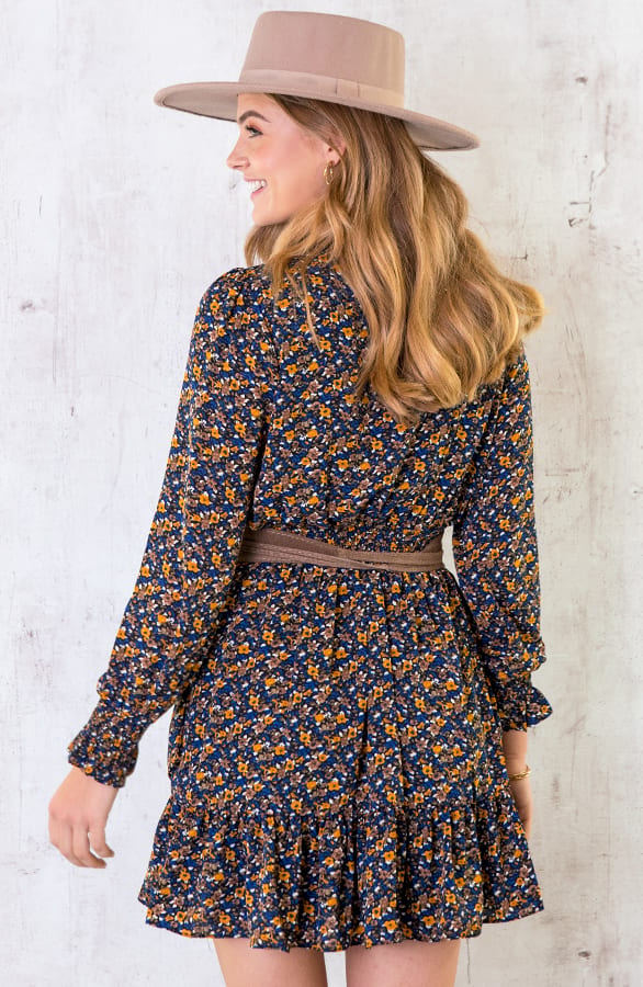Laagjes Bloemen Jurk Blauw Oker – shoparchief, foto 4