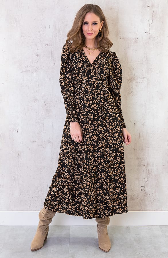 Maxi Bloemen Jurk Met Pofmouwen Camel – shoparchief, foto 1