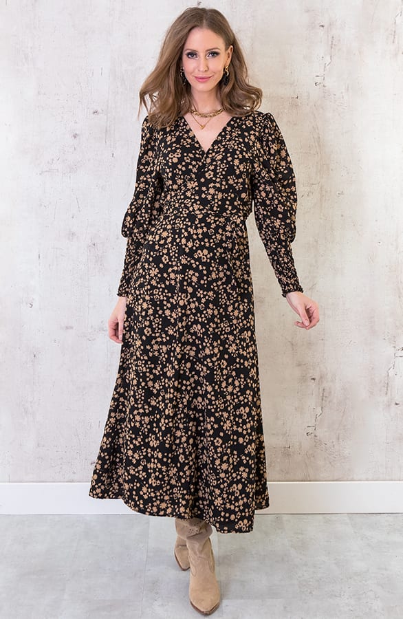 Maxi Bloemen Jurk Met Pofmouwen Camel – shoparchief, foto 5