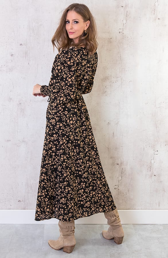 Maxi Bloemen Jurk Met Pofmouwen Camel – shoparchief, foto 2