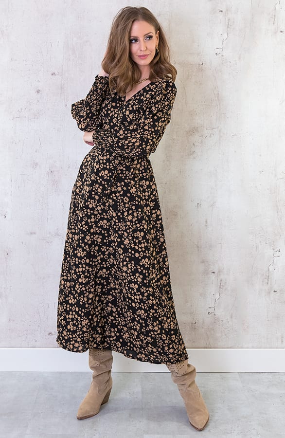 Maxi Bloemen Jurk Met Pofmouwen Camel – shoparchief, foto 3