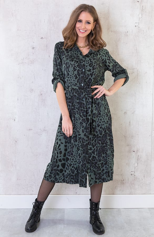 Panterprint Midi Jurk Legergroen – shoparchief, foto 1