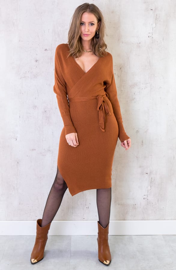 Stretch Omslag Jurk Cognac – shoparchief, foto 5