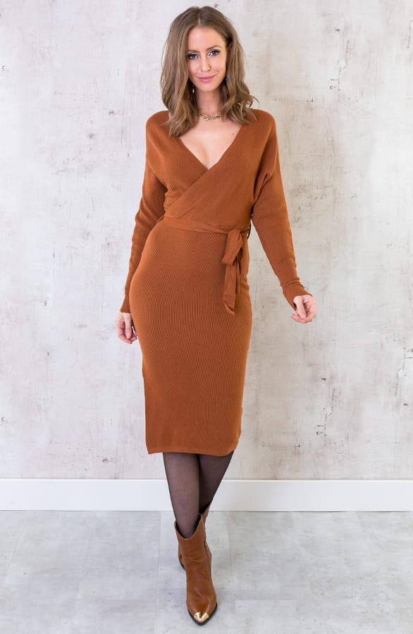 Stretch Omslag Jurk Cognac – shoparchief, foto 6