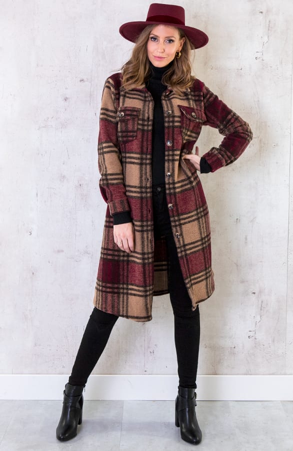Woven Coat Geblokt Bordeaux – shoparchief, foto 3
