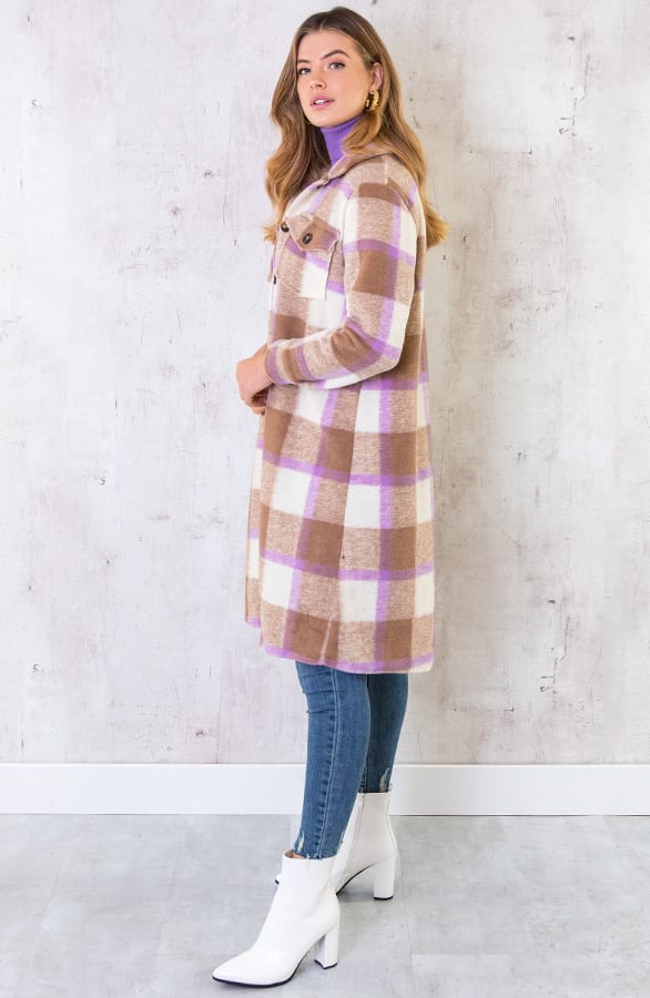 Woven Coat Geblokt Camel Lila – shoparchief, foto 4