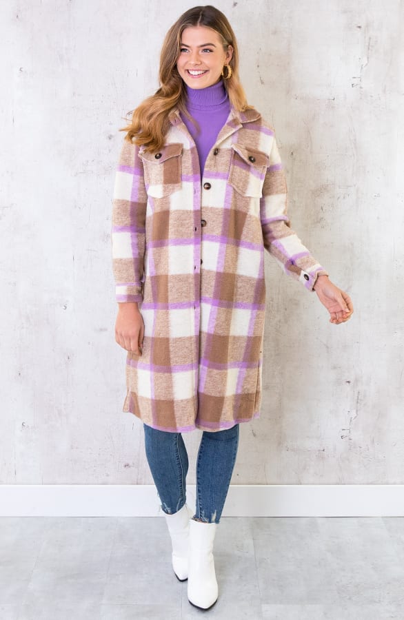 Woven Coat Geblokt Camel Lila – shoparchief, foto 2