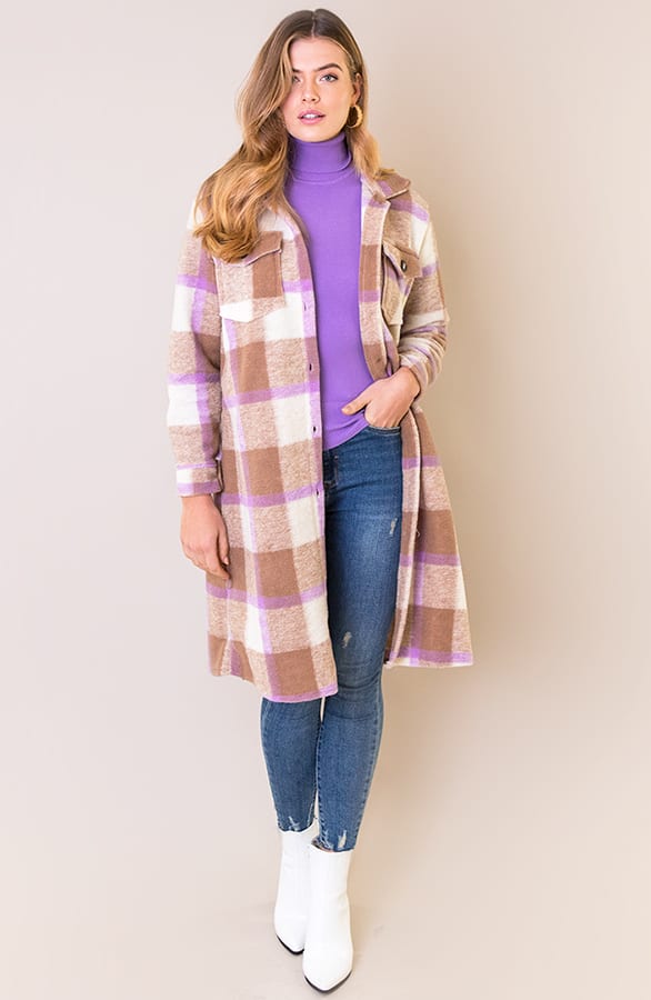 Woven Coat Geblokt Camel Lila – shoparchief, foto 1