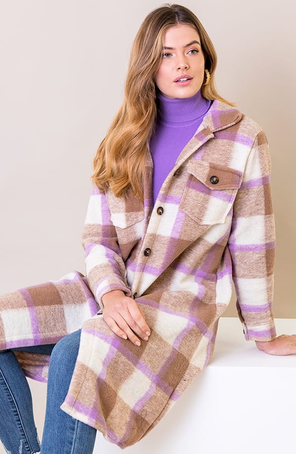 Woven Coat Geblokt Camel Lila – shoparchief, foto 3