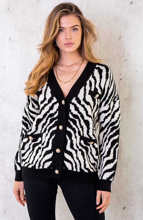 Zebra Vest Met Knopen Zwart Creme – shoparchief, foto 1