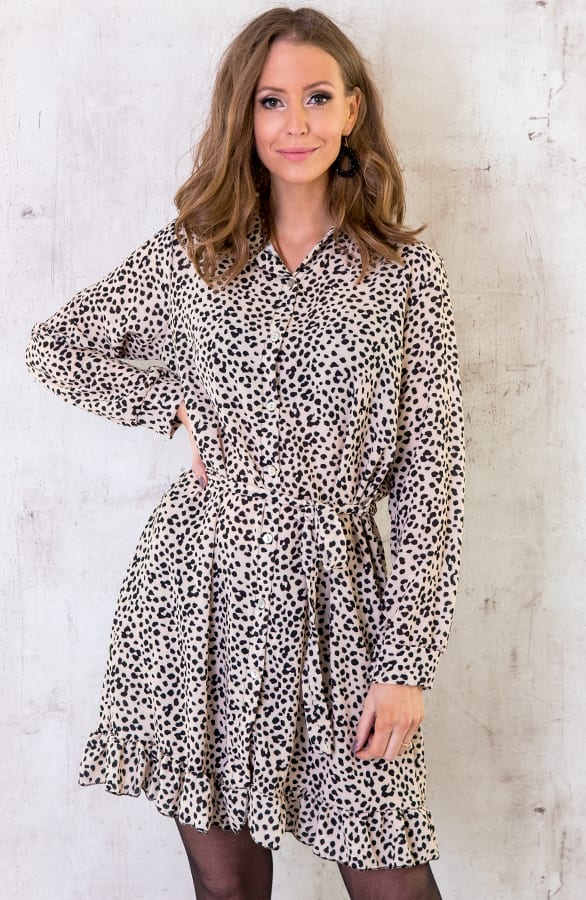 Cheetah Knopen Ruches Jurk Beige – shoparchief, foto 2