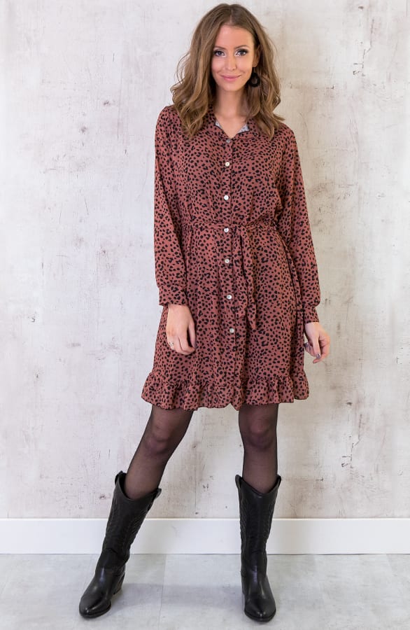 Cheetah Knopen Ruches Jurk Brique – shoparchief, foto 2