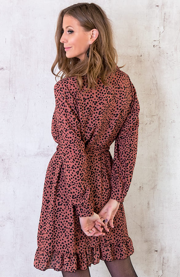 Cheetah Knopen Ruches Jurk Brique – shoparchief, foto 3