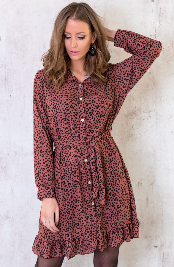 Cheetah Knopen Ruches Jurk Brique – shoparchief, foto 1