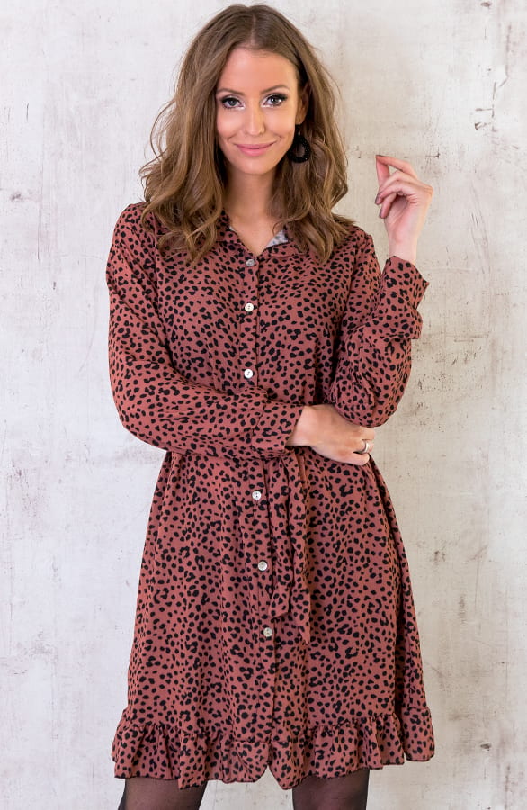 Cheetah Knopen Ruches Jurk Brique – shoparchief, foto 4