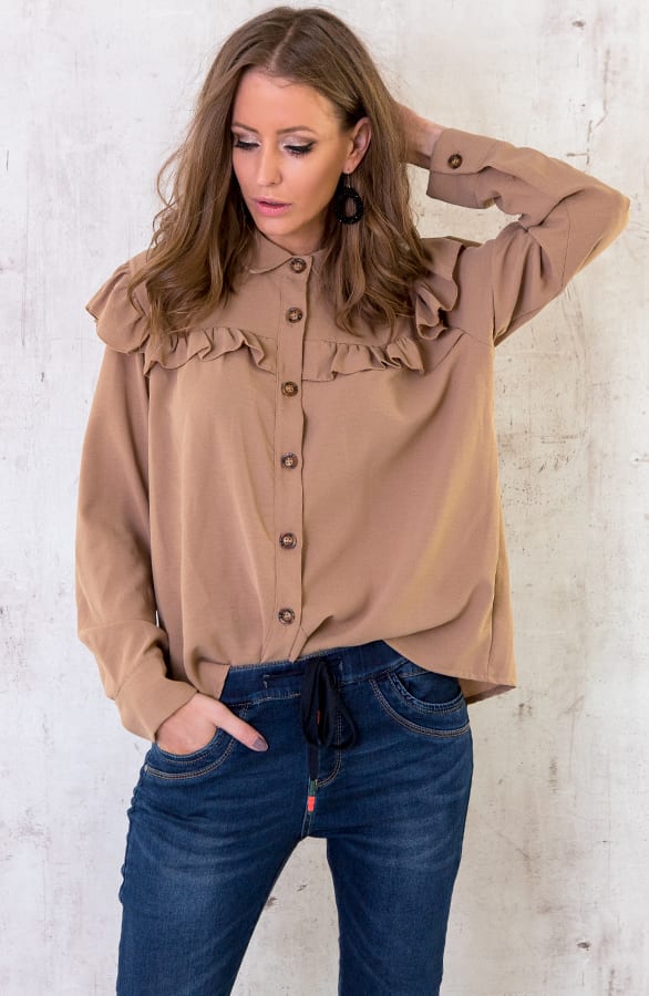 Knopen Ruches Blouse Camel – shoparchief, foto 6