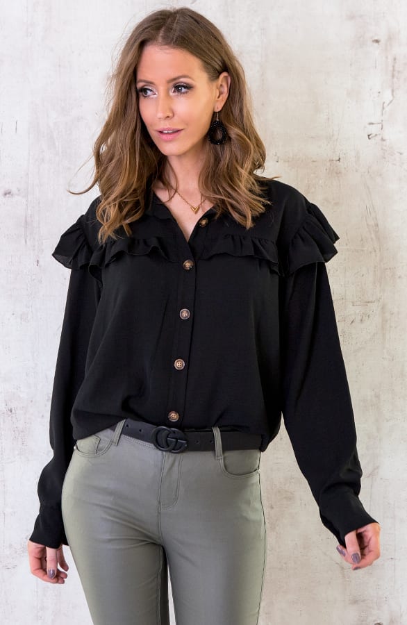 Knopen Ruches Blouse Zwart – shoparchief, foto 1