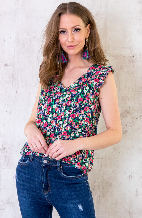 Bloemenprint Ruffle Top Marineblauw – shoparchief, foto 1