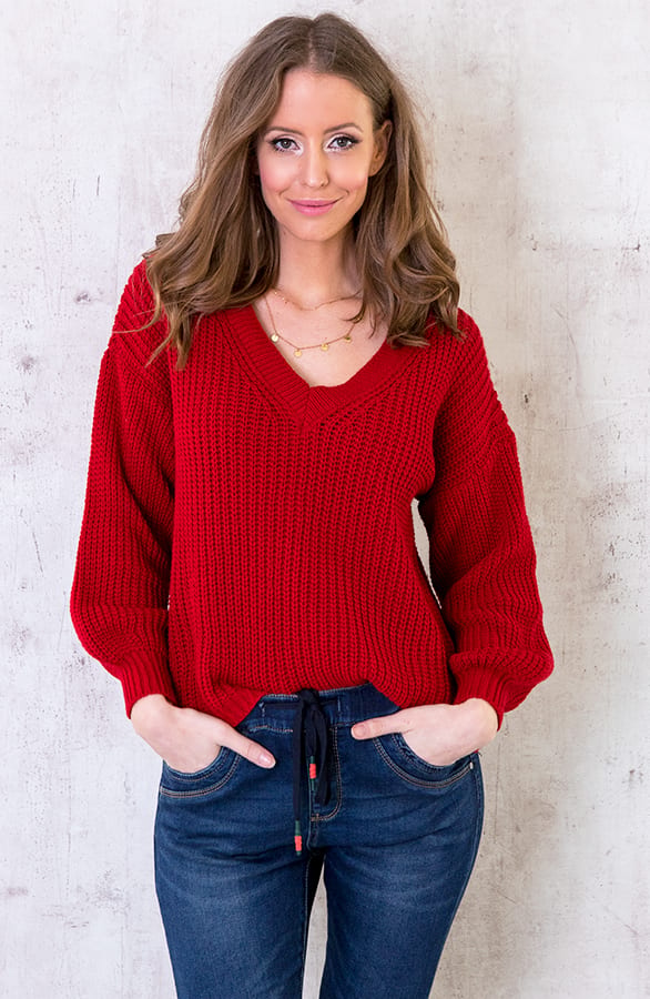 Gebreide Trui Met V-hals Rood – shoparchief, foto 3