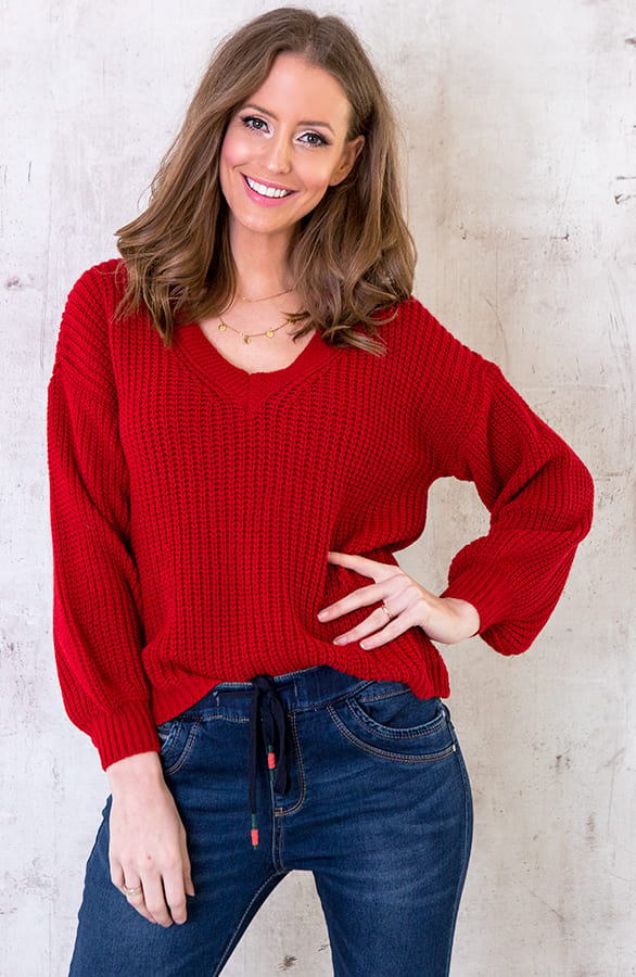 Gebreide Trui Met V-hals Rood – shoparchief, foto 2