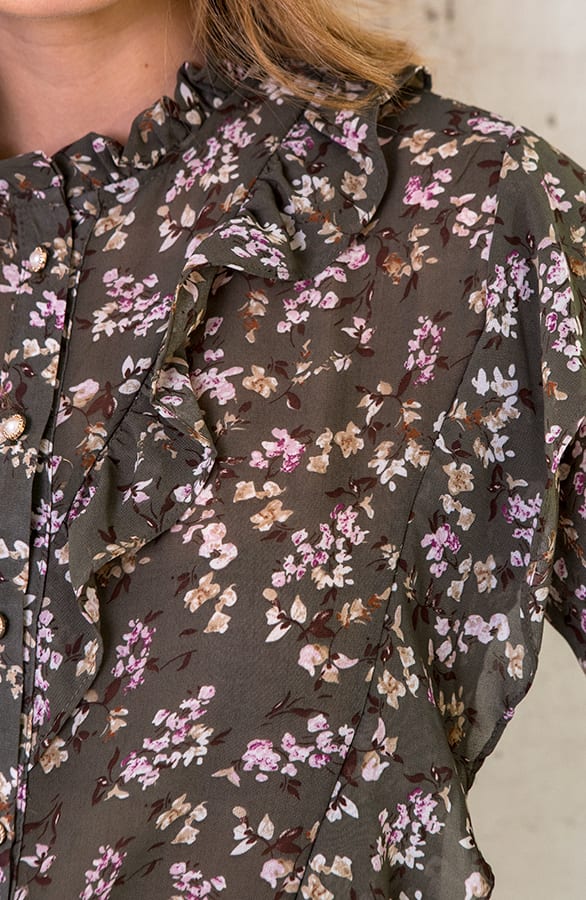 Ruches Bloemen Blouse Legergroen – shoparchief, foto 5