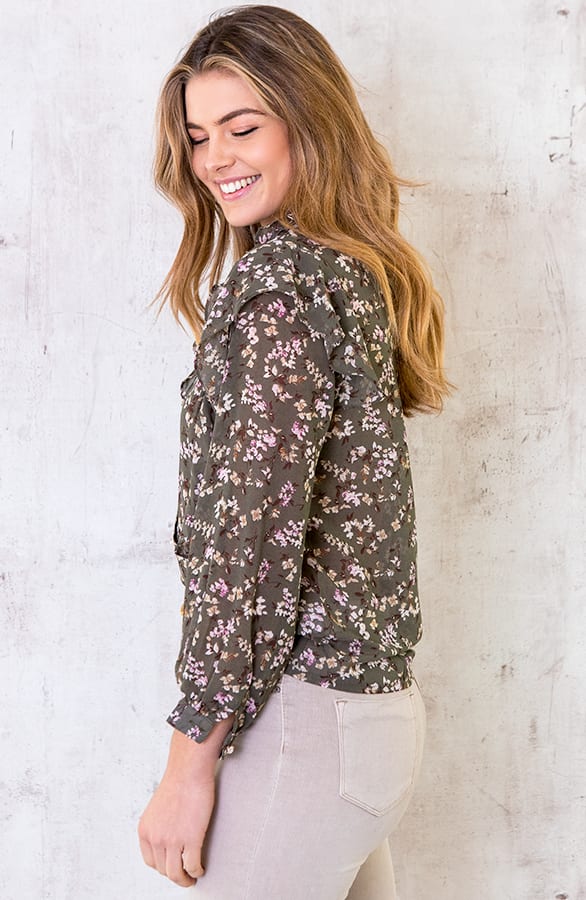 Ruches Bloemen Blouse Legergroen – shoparchief, foto 3