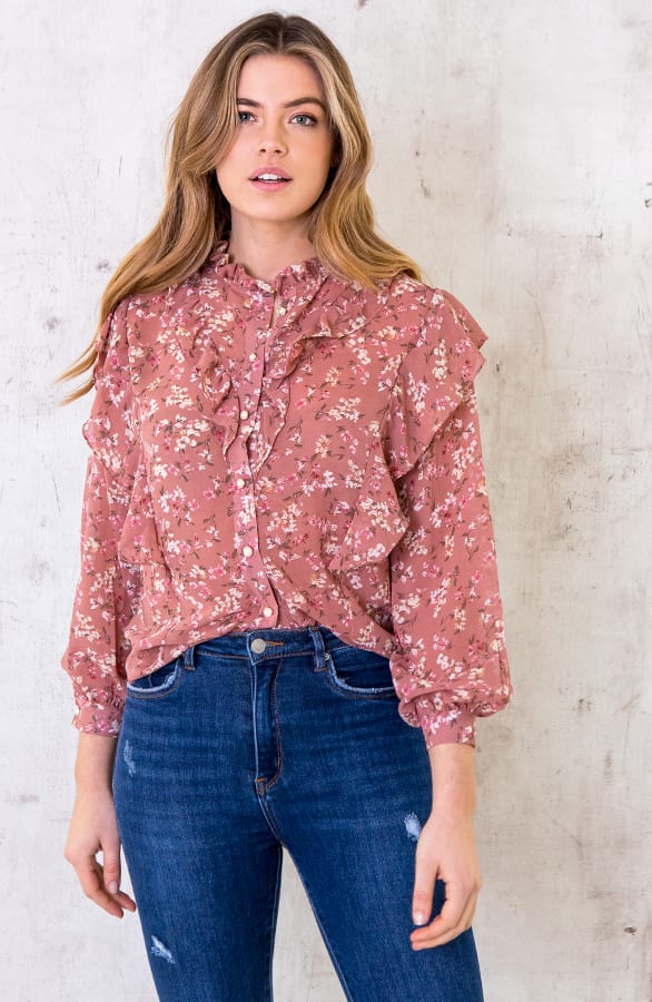 Ruches Bloemen Blouse Oud Roze – shoparchief, foto 1