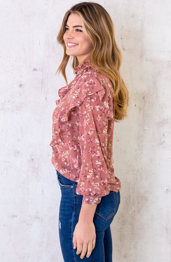 Ruches Bloemen Blouse Oud Roze – shoparchief, foto 2