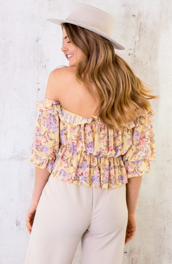 Crop Off Shoulder Top Floral Geel – shoparchief, foto 3