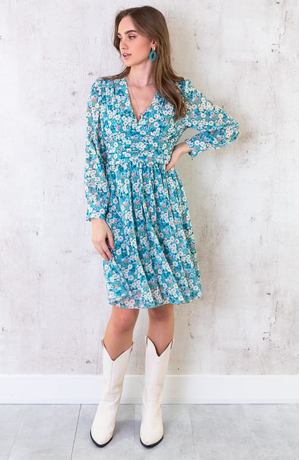 Jurk Met Bloemen Dames Turquoise – shoparchief, foto 1
