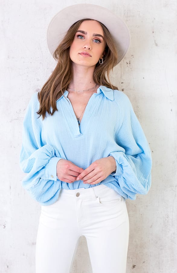 Katoenen Oversized Blouse Babyblauw – shoparchief, foto 3