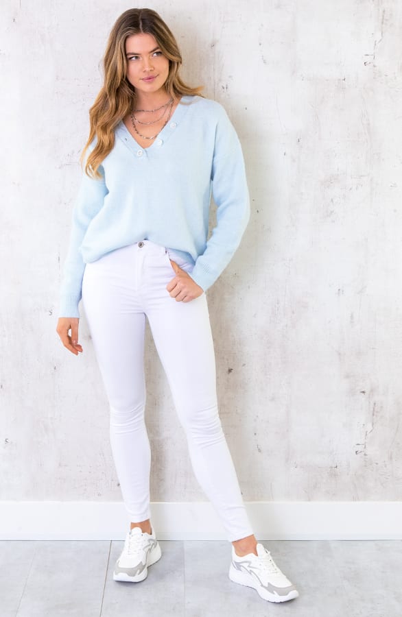 Knopen Trui Met V-hals Babyblauw – shoparchief, foto 2