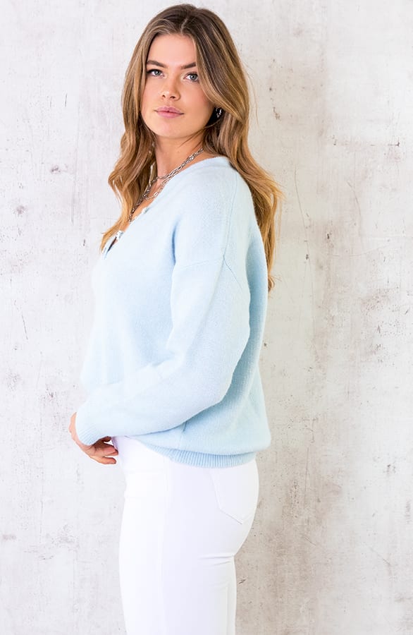 Knopen Trui Met V-hals Babyblauw – shoparchief, foto 3