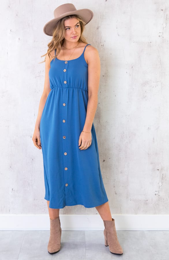 Midi Jurk Knopen Santorini Jeansblauw – shoparchief, foto 1