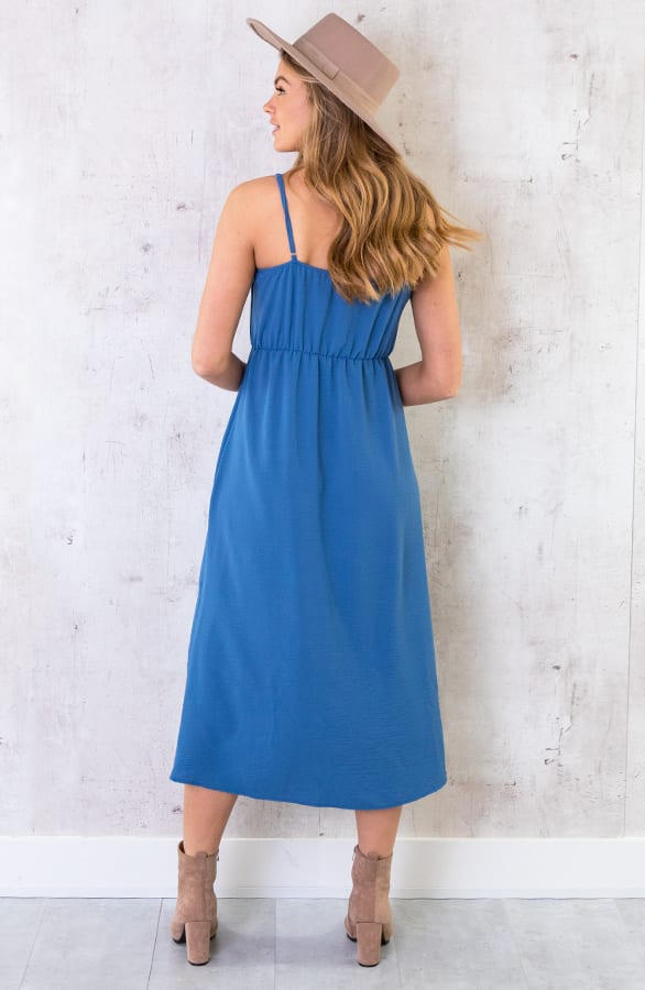 Midi Jurk Knopen Santorini Jeansblauw – shoparchief, foto 4