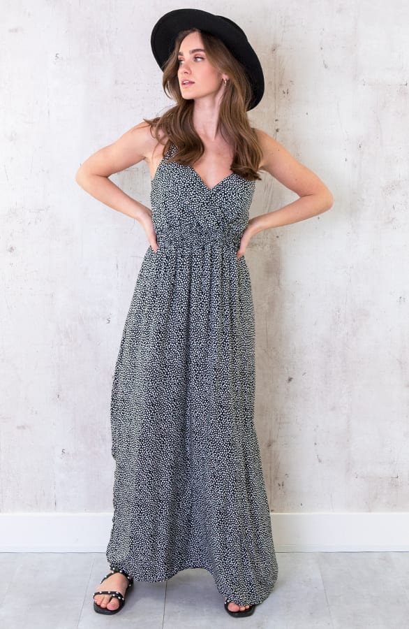 Spaghetti Maxi Jurk Leaves Zwart – shoparchief, foto 1