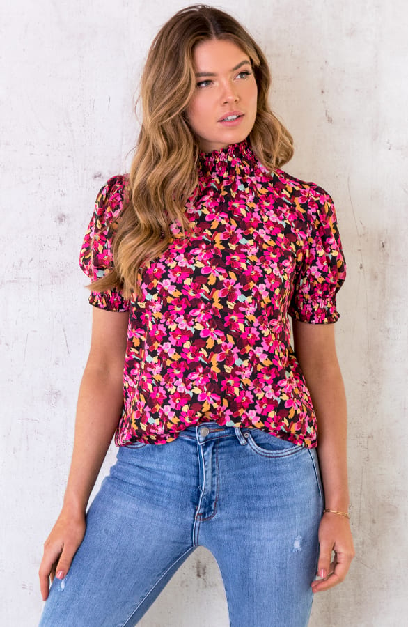 Bloemenprint Col Top Fuchsia Zwart – shoparchief, foto 1